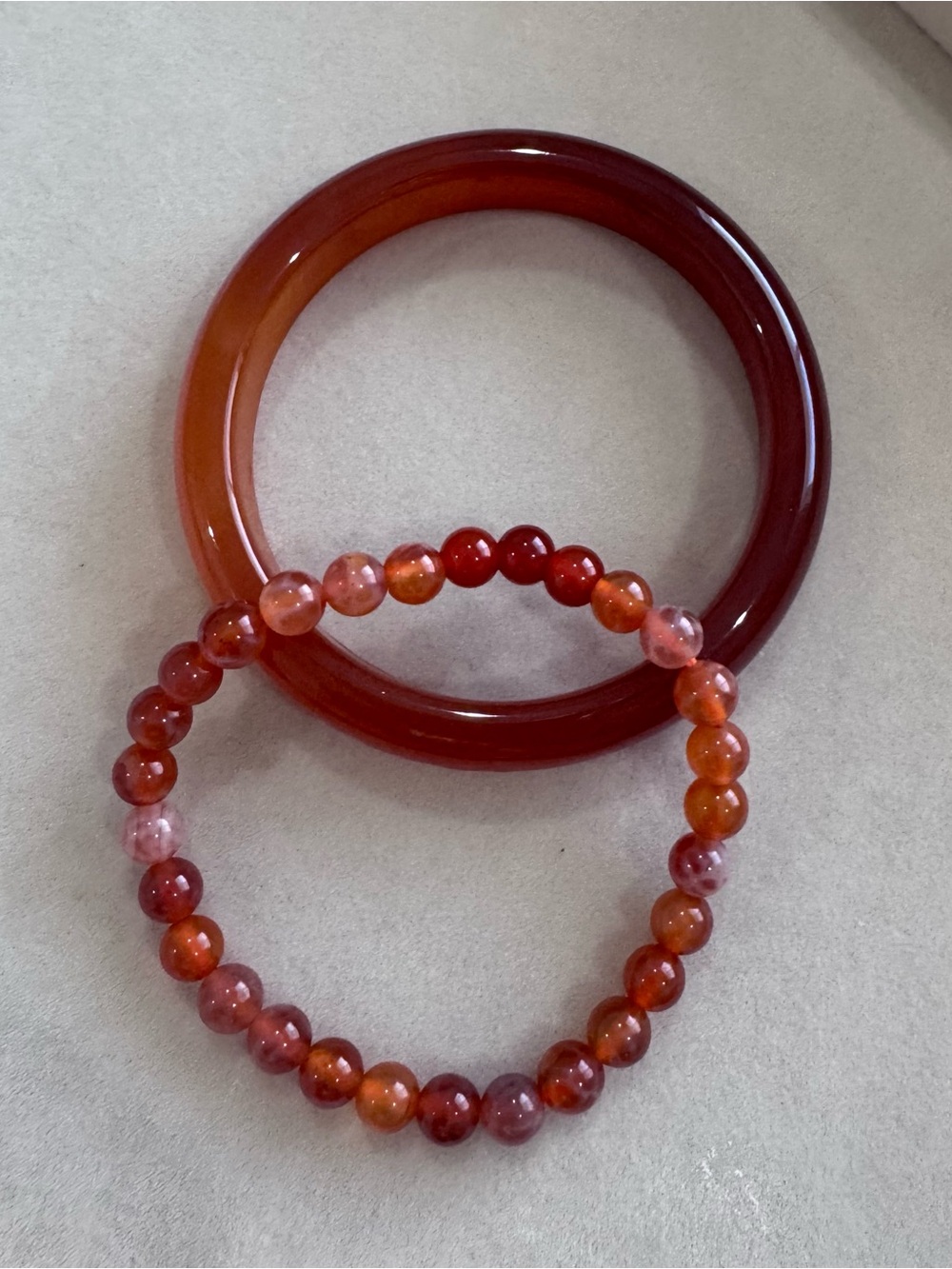 Red Agate Beaded Stretch Bracelet with Red Bangle - Women Jewelry